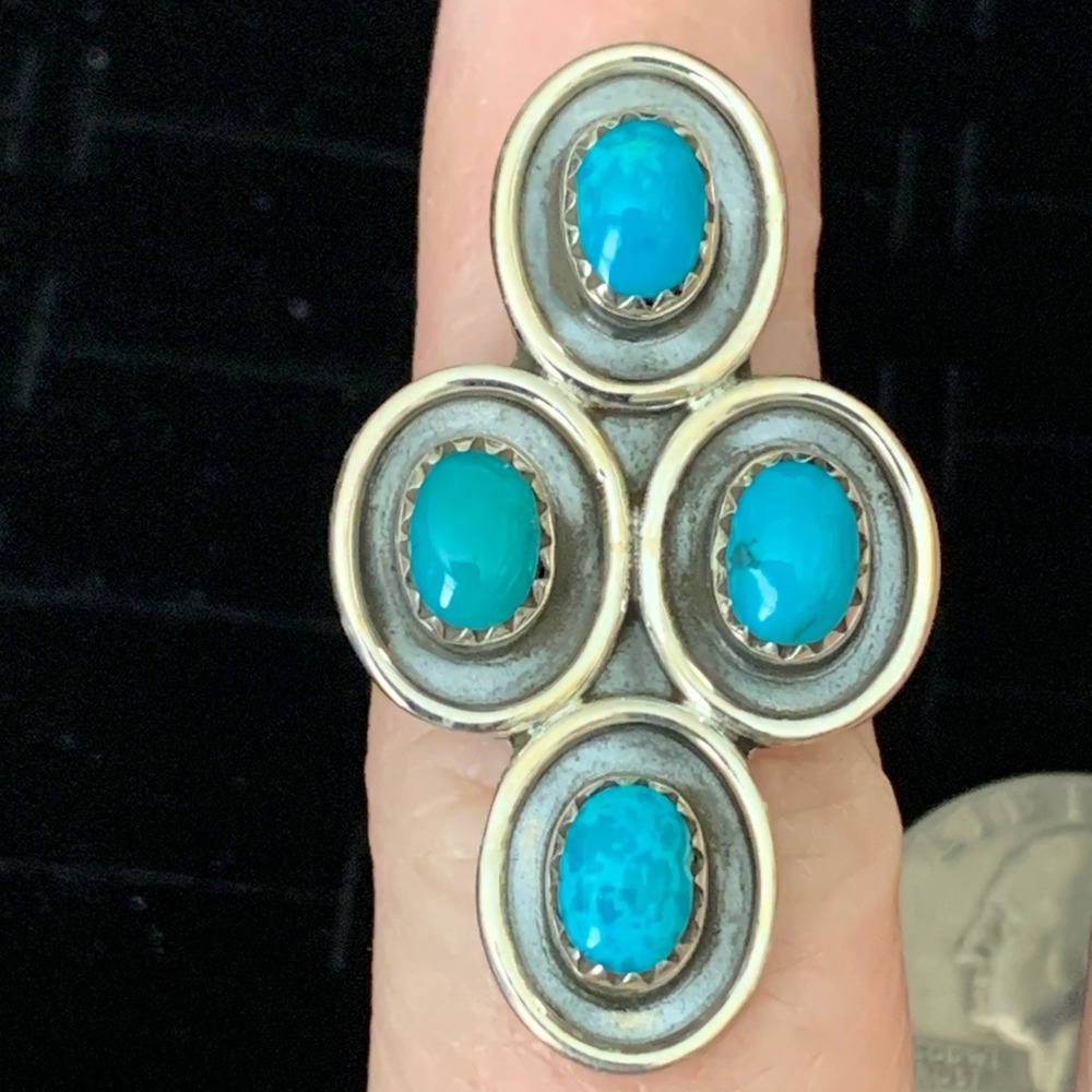 925 Sterling Silver Kingman Turquoise Cluster Ring Size 7 Southwestern Boho